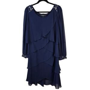 S. L. Fashions Dress Women's 18 Navy Chiffon Sheer Sleeve Embellished Cocktails